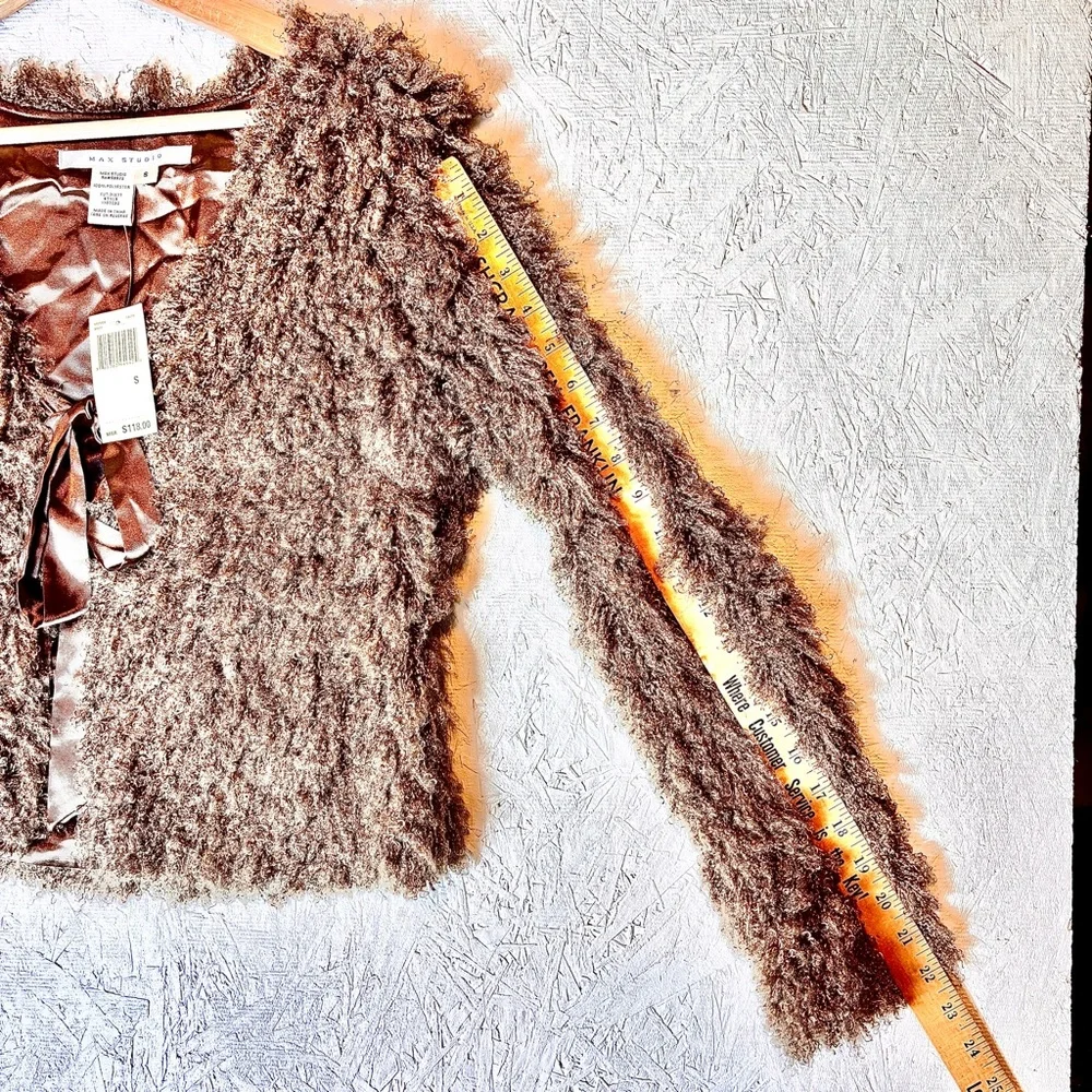 NWT Max Studio Womens Size S Faux Curly Lamb Fur Satin Tie Jacket Super Cute Tan - Picture 9 of 10